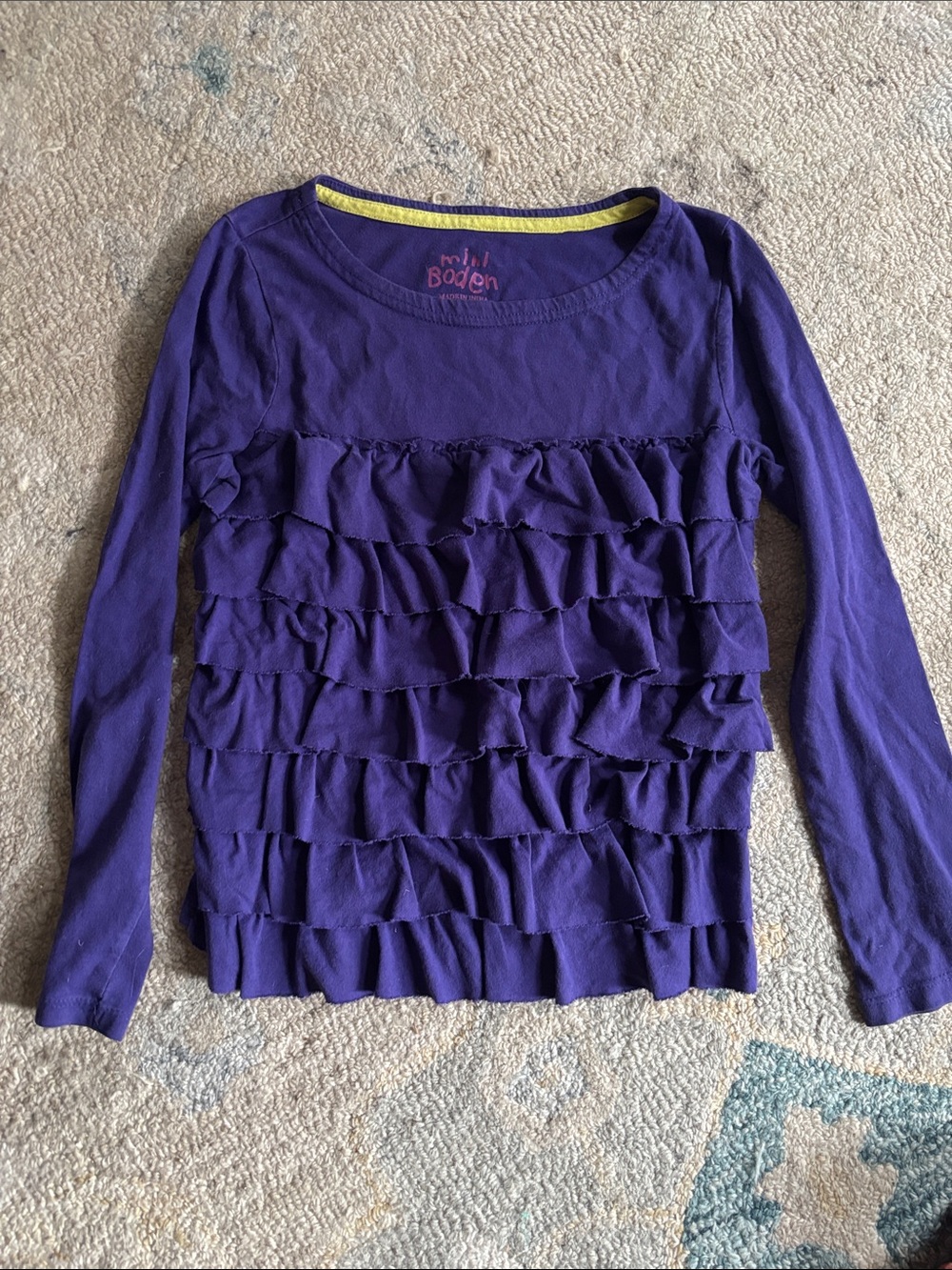 Mini Boden Purple Ruffle Front Long Sleeve Top